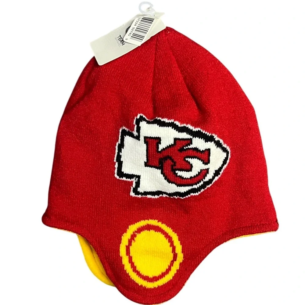 NFL Team Apparel Kansas City Chiefs Youth Ear Flap Beanie Fleece Lined Red NEW